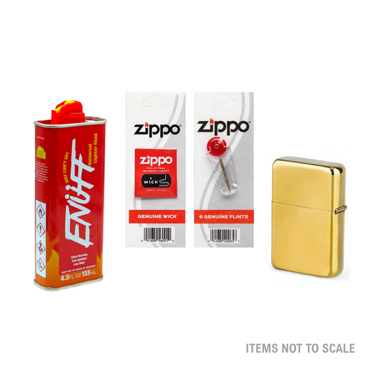 Gold Oil Lighter + Enuff Lighter Fluid Refill (133ml) + Zippo Wick, Flints