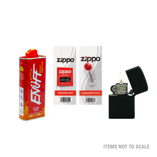 Black Oil Lighter + Enuff Lighter Fluid Refill (133ml) + Zippo Wick, Flints