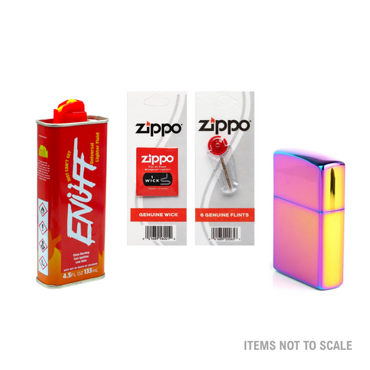 Rainbow Lighter + Enuff Lighter FLUID Refill (133ml) + Zippo Wick, Flints