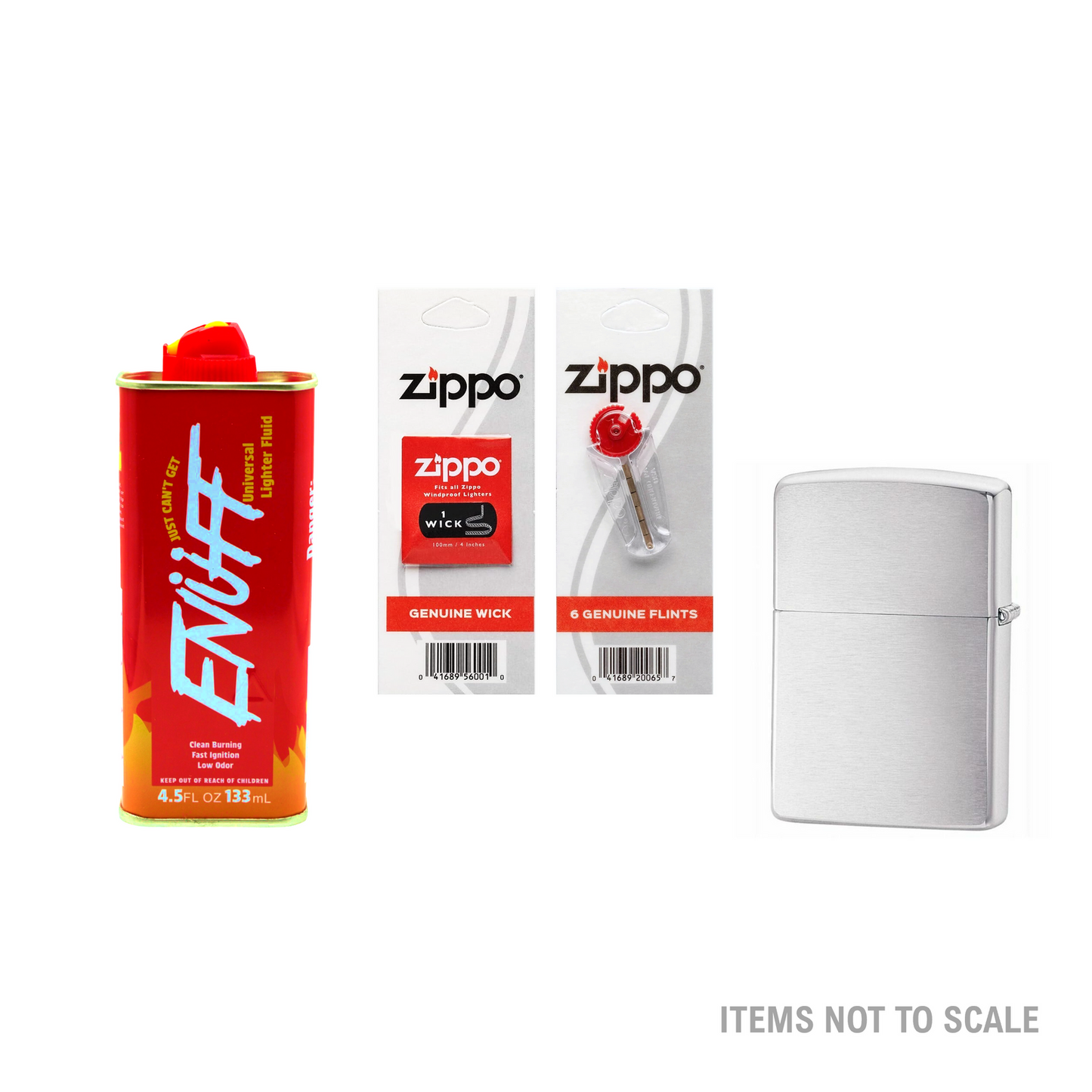 Silver Oil Lighter + Enuff Lighter Fluid Refill (133ml) + Zippo Wick, Flints