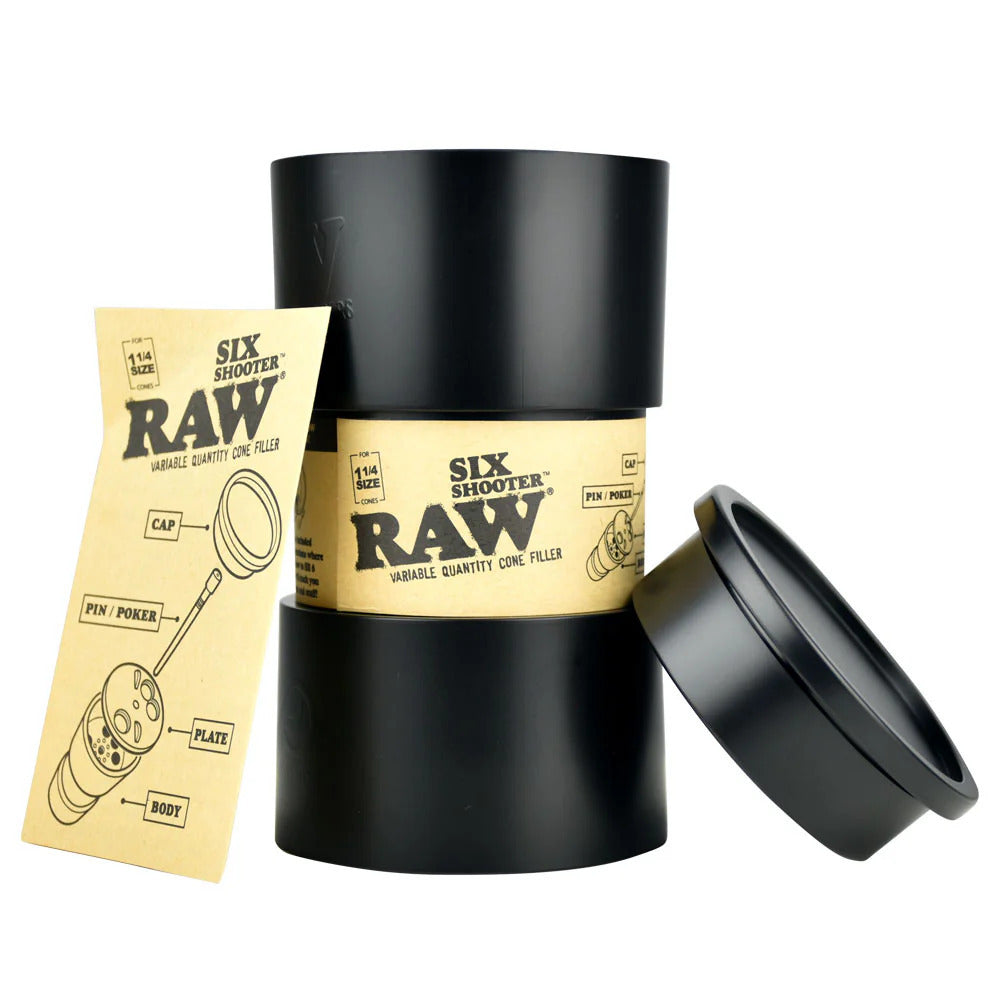 RAW Six Shooter with 40 1 1/4 Classic Natural Pre Rolled Cones + Free Tube