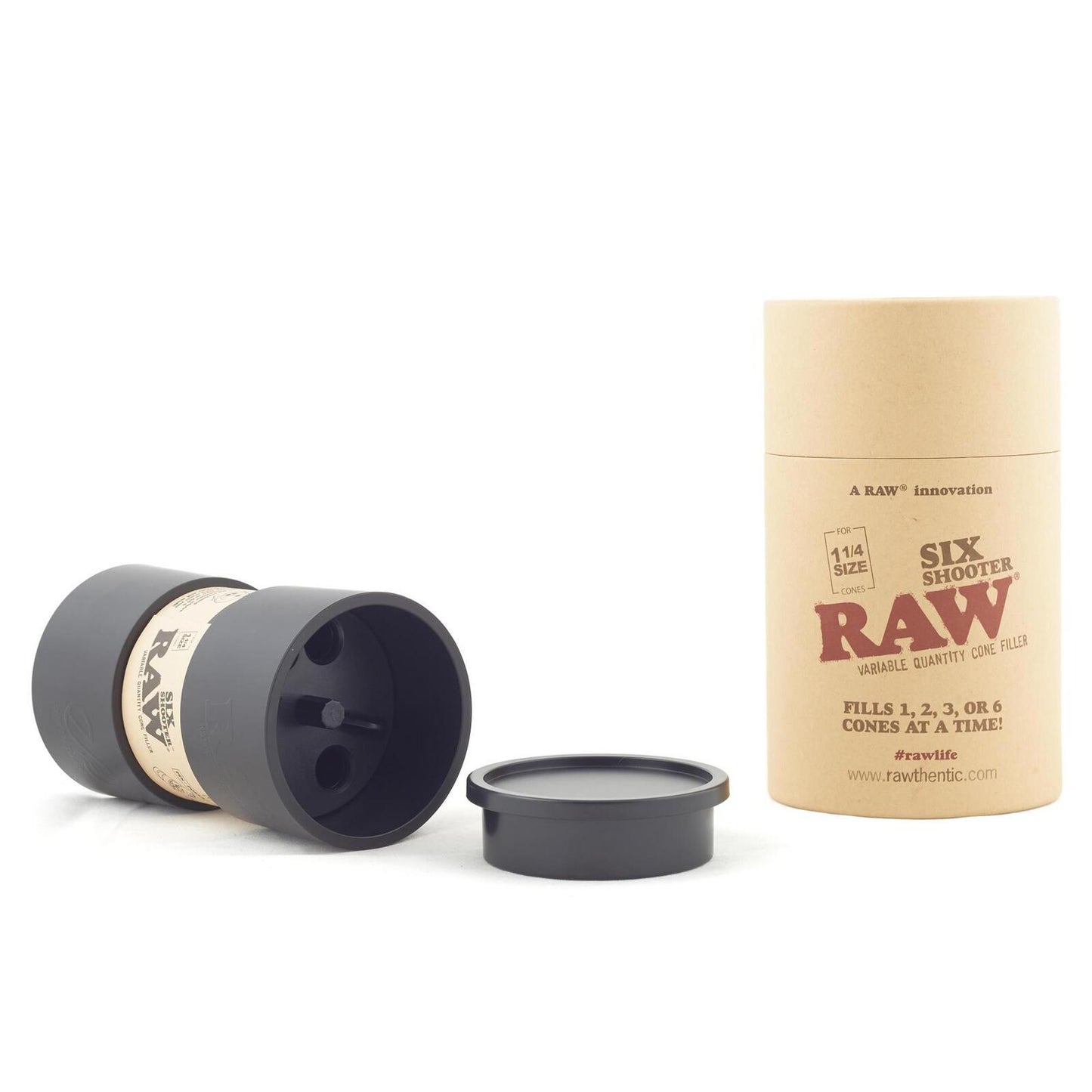 RAW Six Shooter with 40 1 1/4 Classic Natural Pre Rolled Cones + Free Tube