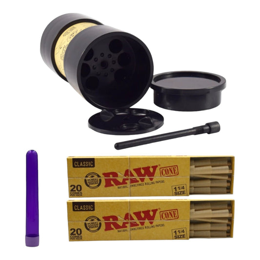 RAW Six Shooter with 40 1 1/4 Classic Natural Pre Rolled Cones + Free Tube