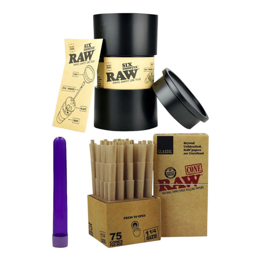 RAW 75 1 1/4 Classic Pre Rolled Cones with Tips + Six Shooter Machine + Tube