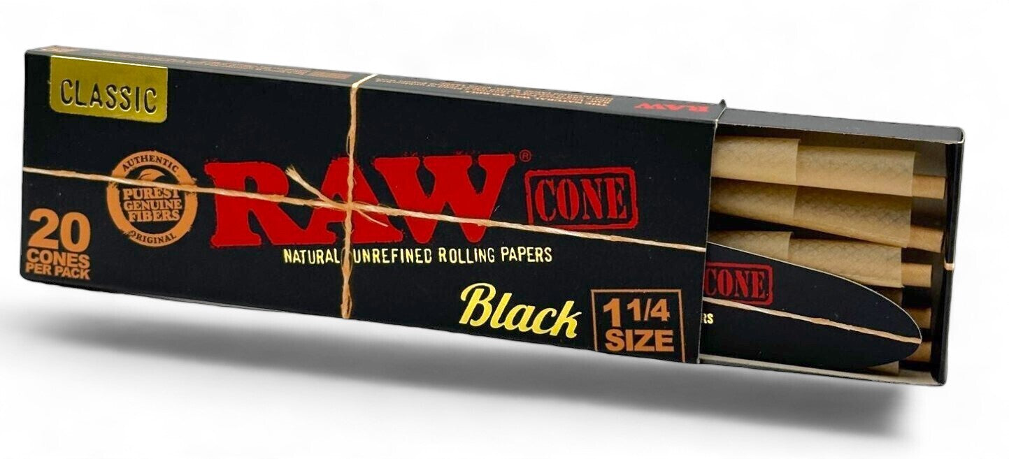 RAW Six Shooter with 40 1 1/4 Black Classic Pre Rolled Cones + Free Tube