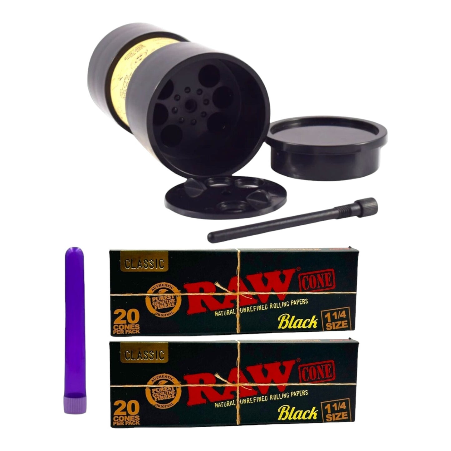 RAW Six Shooter with 40 1 1/4 Black Classic Pre Rolled Cones + Free Tube