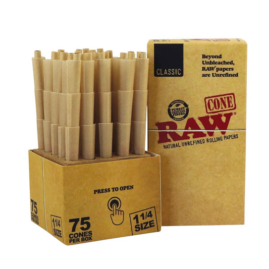 75 Box of Raw Classic 1 1/4 Pre Rolled Cones with Tips