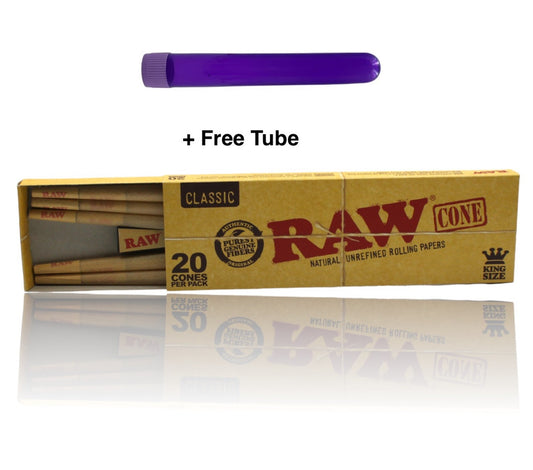 Raw Classic King Size Pre Rolled Cones 20 Pack + Tube