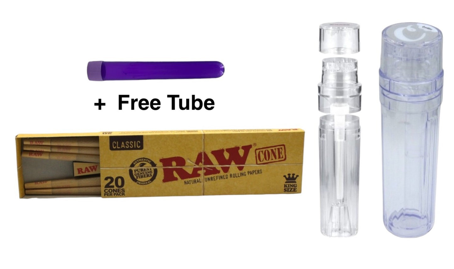 Raw Classic King Size Pre Rolled Cones 20 Pack + Grinder + Tube