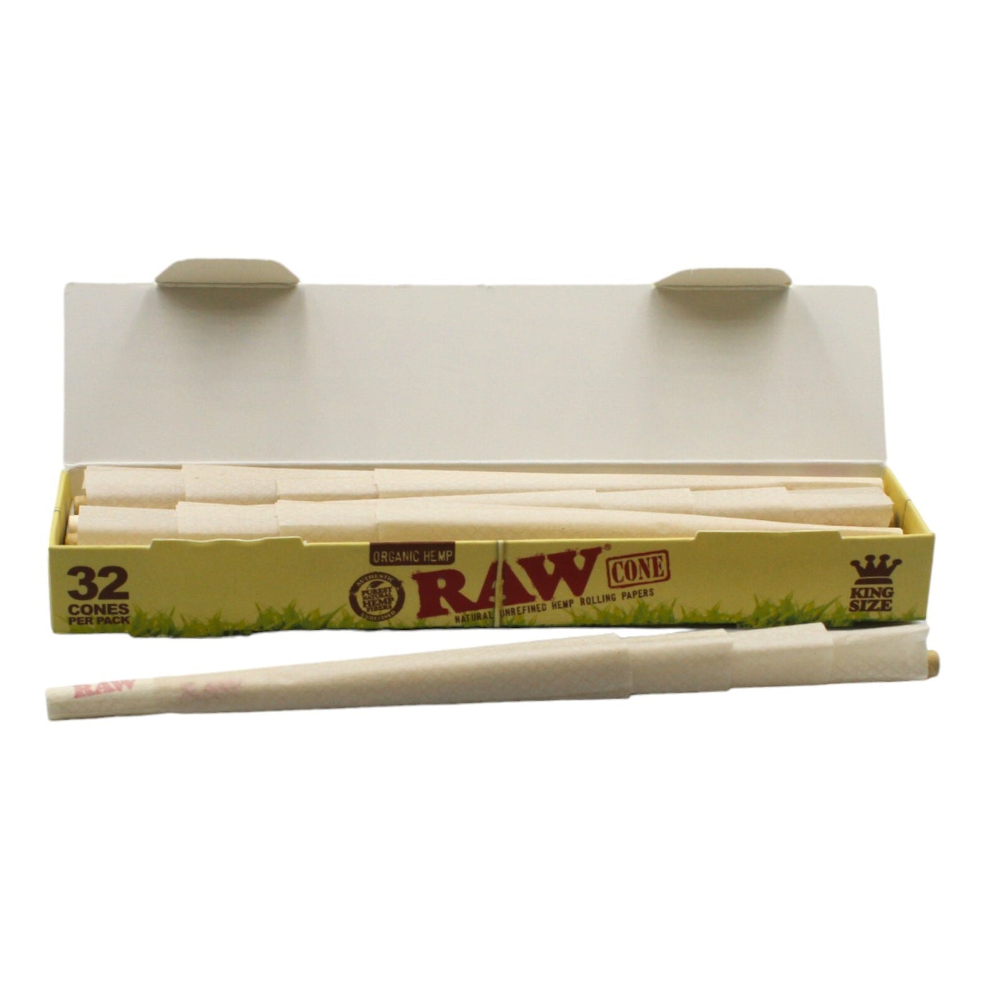 Raw Organic King Size Pre Rolled Cones 32 Pack + Grinder + Tube