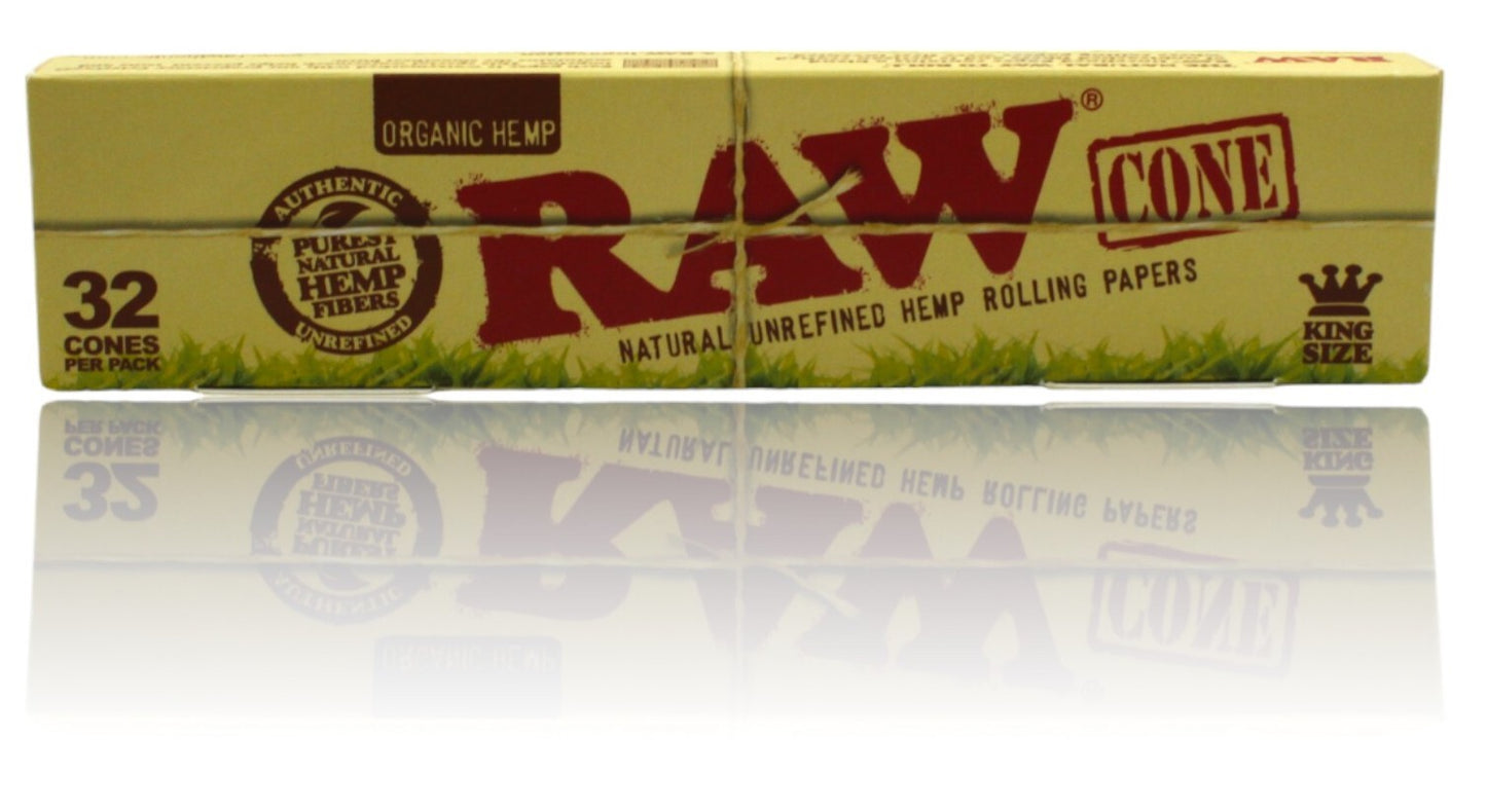 Raw Organic King Size Pre Rolled Cones 32 Pack + Grinder + Tube