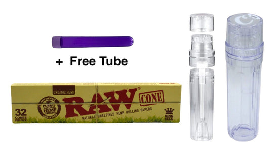 Raw Organic King Size Pre Rolled Cones 32 Pack + Grinder + Tube