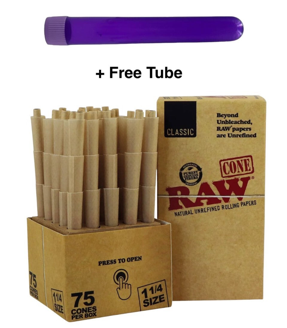 Raw Classic 1 1/4 Pre Rolled Cones 75 Pack with Tips + Tube