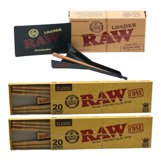 2 x Raw Classic King Size Pre Rolled Cones 20 Pack + Loader