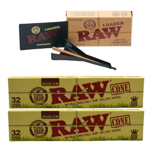 2 x Raw Organic King Size Pre Rolled Cones 32 Pack + Loader