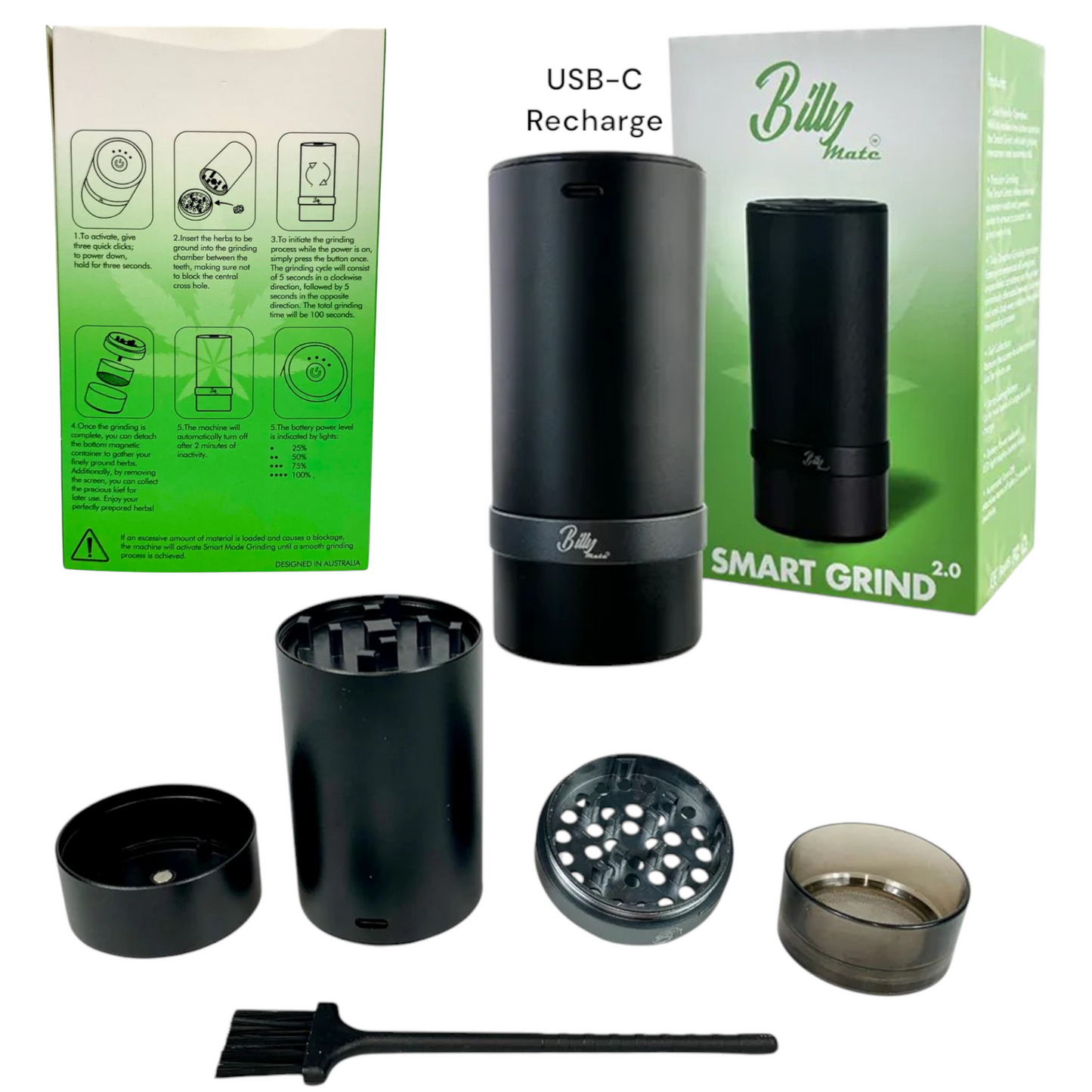 Billy Mate Smart Grind 2.0 USB Rechargeable Electric Herb Tobacco Grinder Portable Crusher Machine