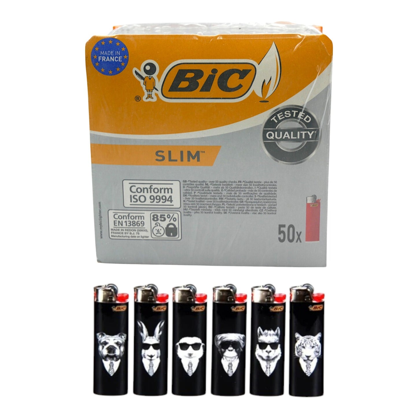 50x BIC Slim Lighters Cool Animals Edition (J23)  Bulk Box