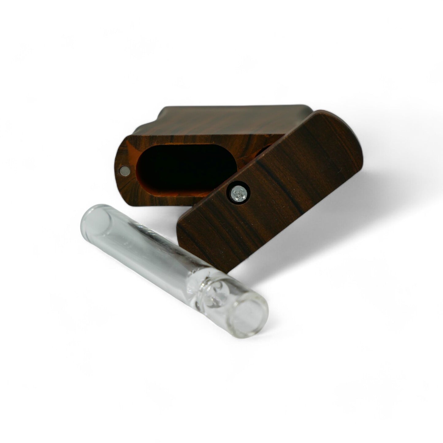 Wood Dugout with Glass One Hitter and Storage Compartment - Portable Smoking Pipe with Assorted Desi