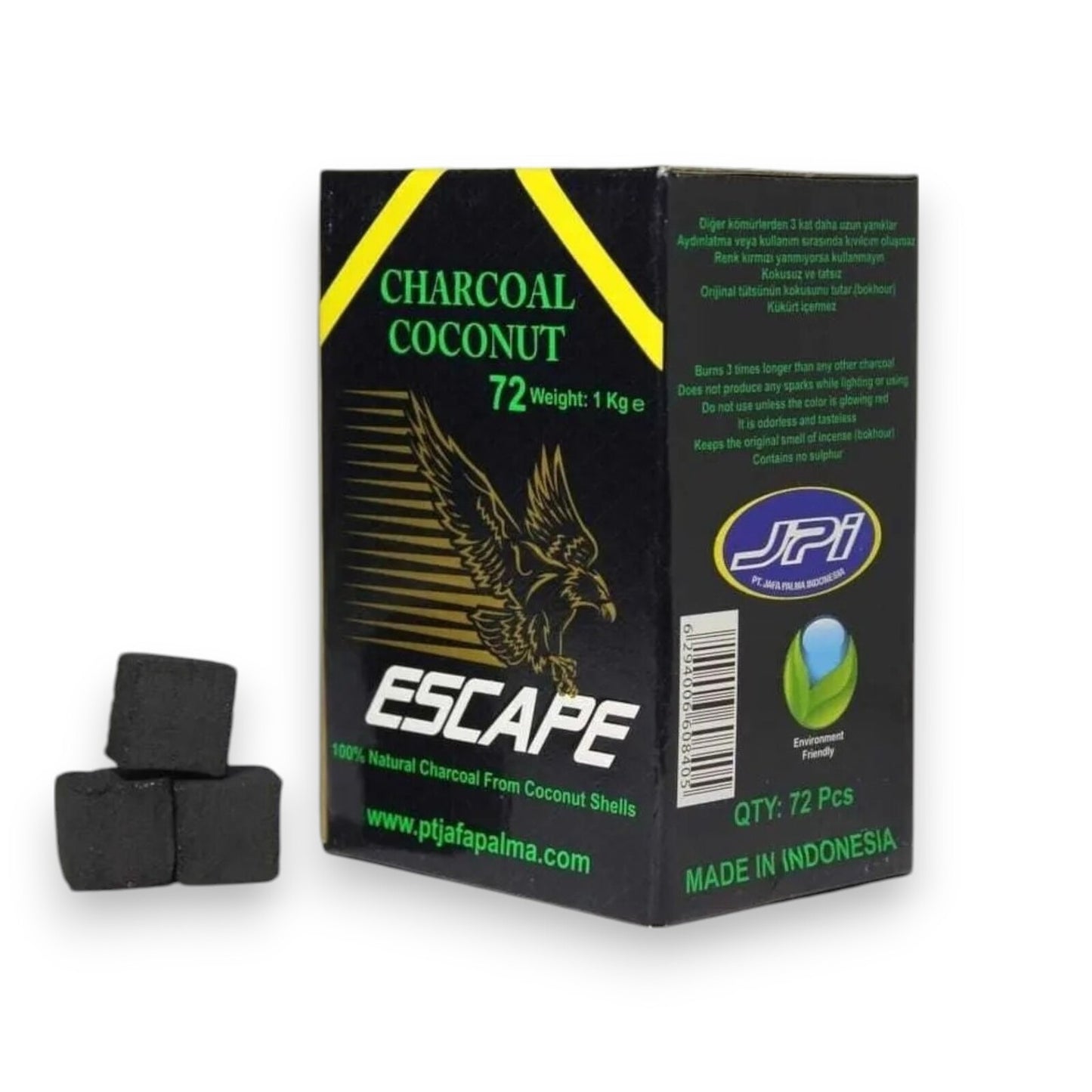 Escape Premium Coconut Charcoal 72 Pieces 1kg Natural for Hookah, Grill, Incense