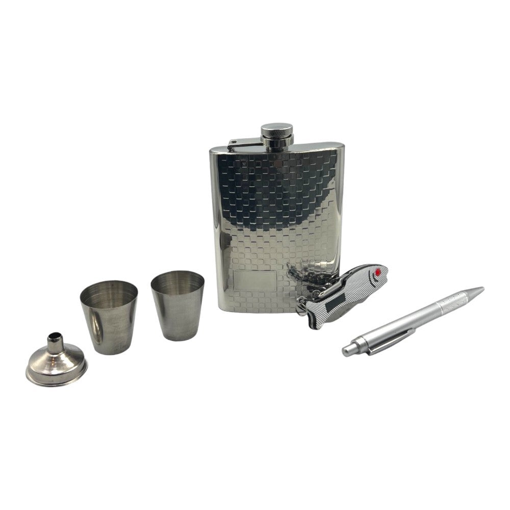 Stainless Steel Gift Set: Hip Flask, Shot Glass, Opener, Pen 8oz