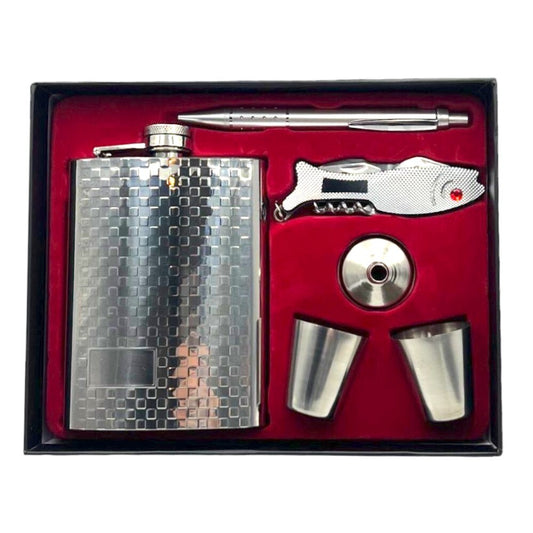 Stainless Steel Gift Set: Hip Flask, Shot Glass, Opener, Pen 8oz