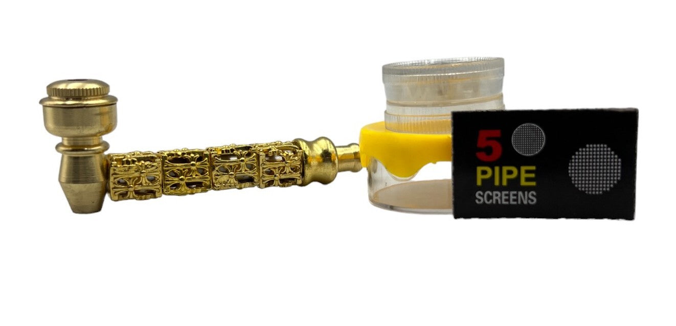 Gold Pipe Container with Mini Herb Grinder and Screens