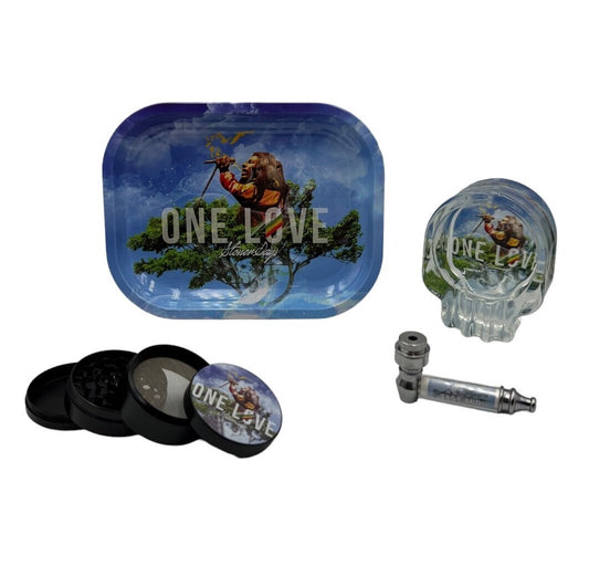 Bob Marley One Love Smoking Gift Set with Pipe, Grinder, Ashtray, and Rolling Tray