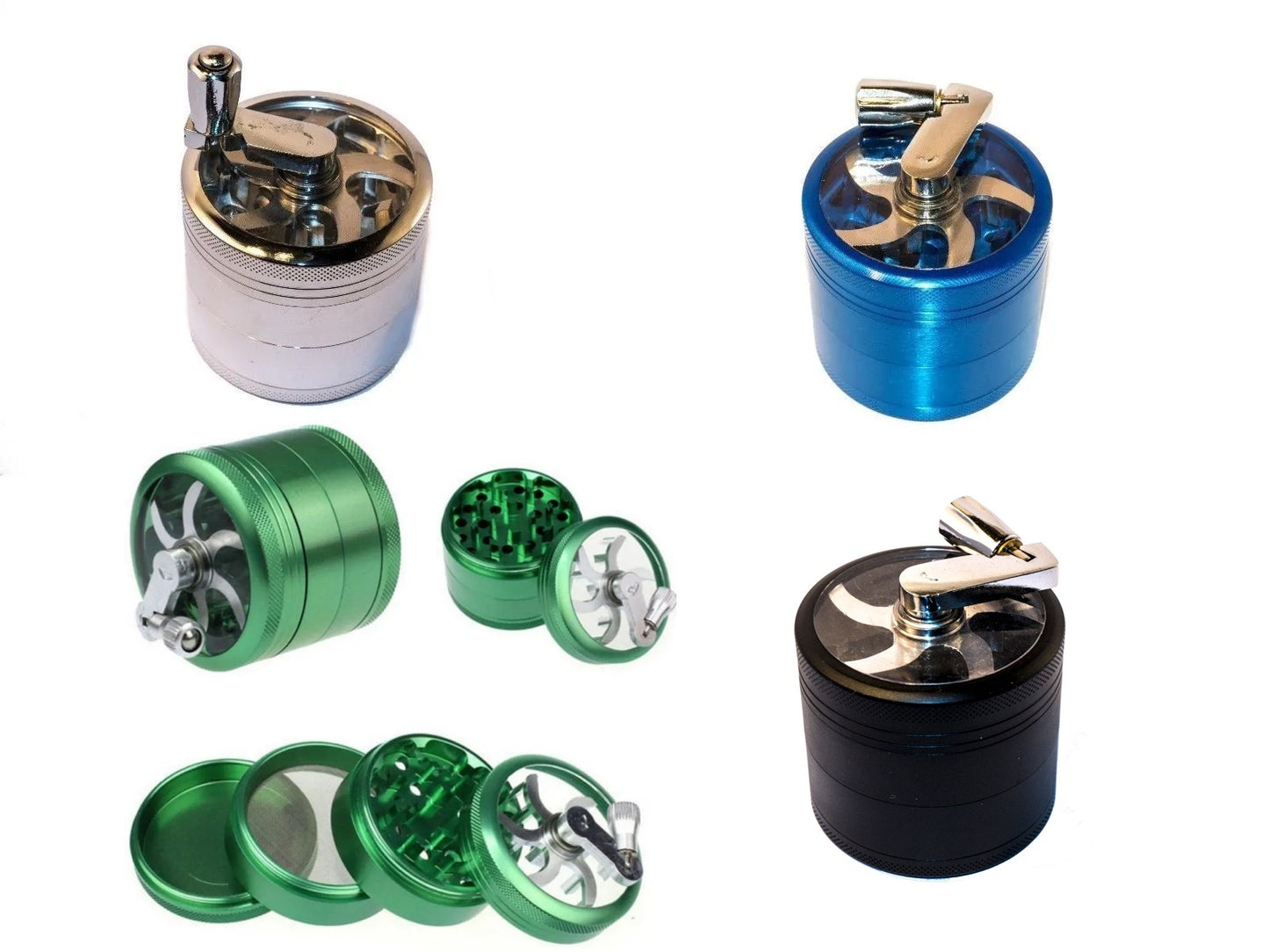 4 Piece Metal Herb Grinder with Handle - Various Colours