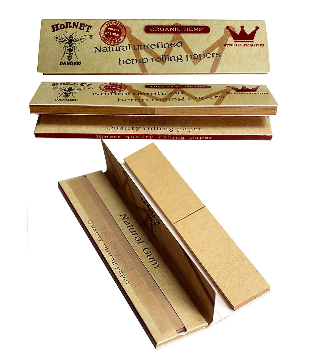 Box of 24 Hornet King Size Slim Organic Unrefined Rolling Papers With Tips