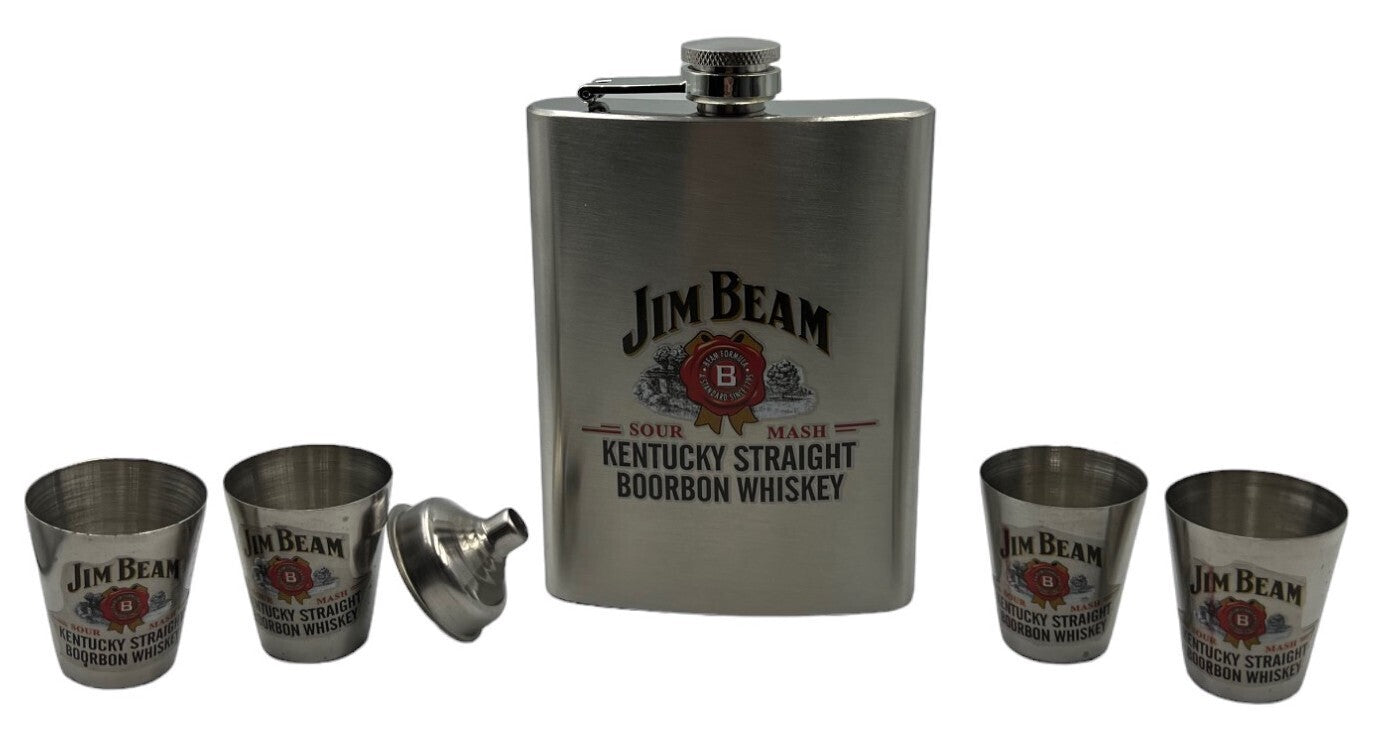 Jim Beam Hip Flask and Shot Glass Gift Set - Stainless Steel (8oz)