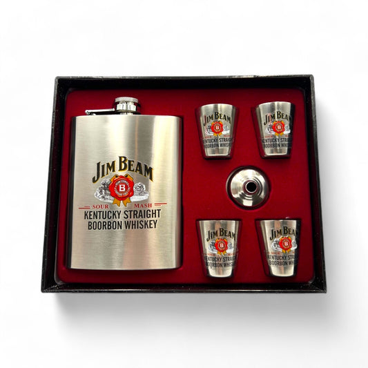 Jim Beam Hip Flask and Shot Glass Gift Set - Stainless Steel (8oz)