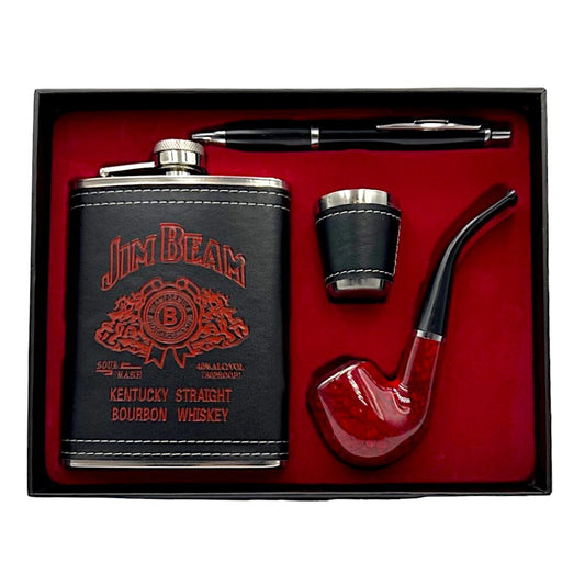 Jim Beam Hip Flask, Shot Glass, Pipe and Pen Gift Set (8oz)