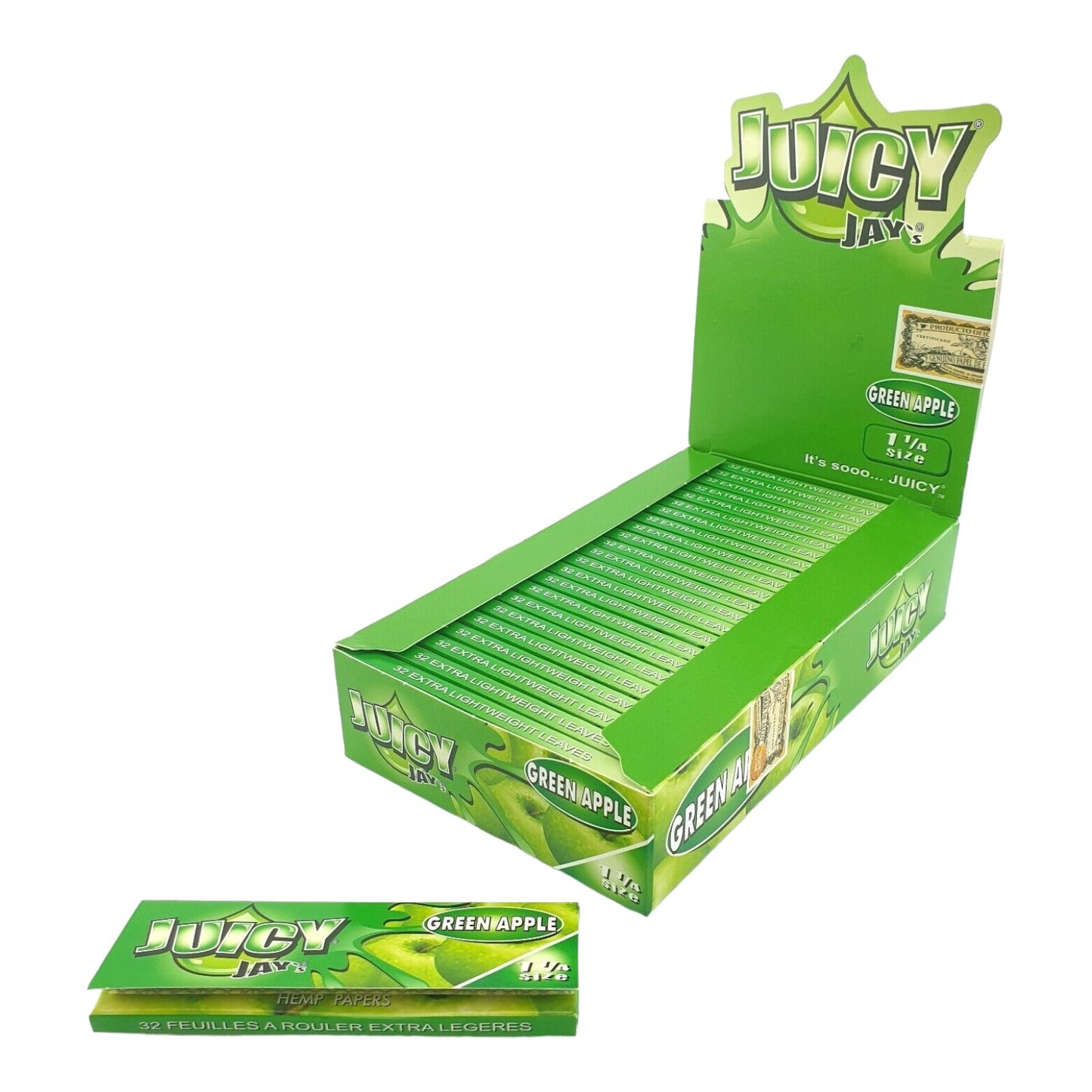 Box of 24 Juicy Jays Green Apple 1 1/4 Flavoured Rolling Papers