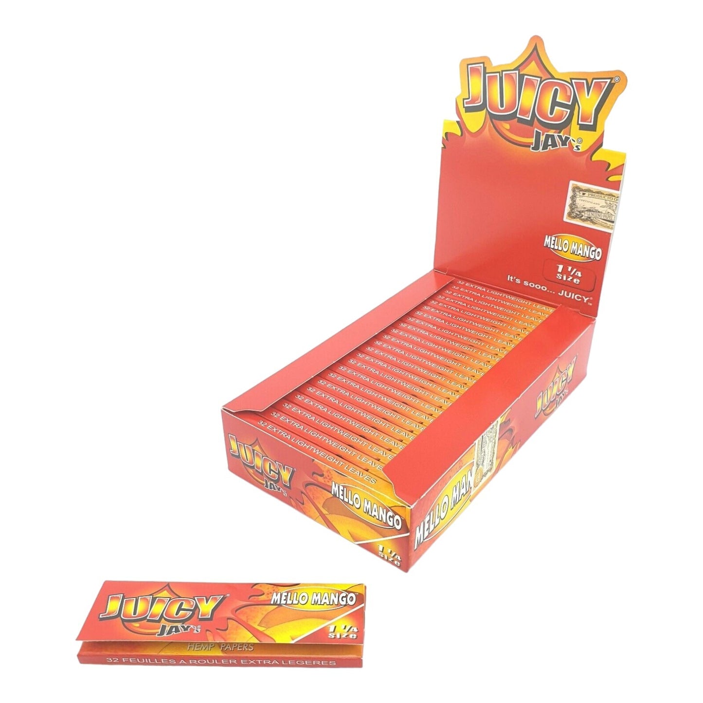 Box of 24 Juicy Jays Mello Mango 1 1/4 Flavoured Rolling Papers