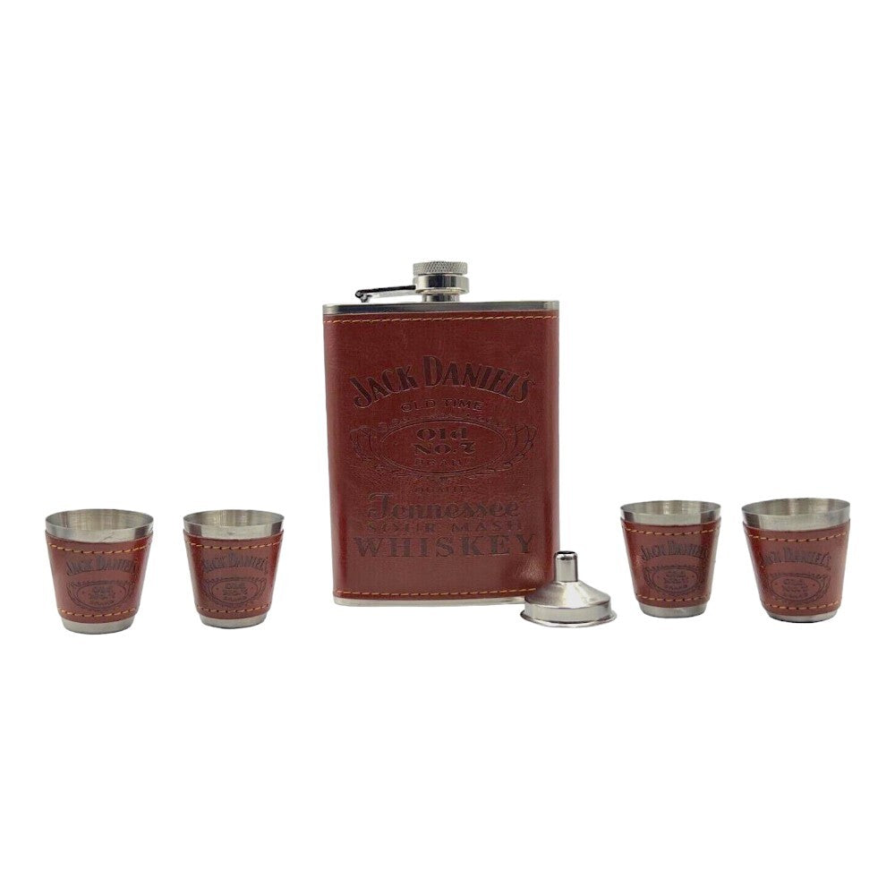 Jack Daniels Hip Flask and Shot Glass Gift Set Leather (8oz)