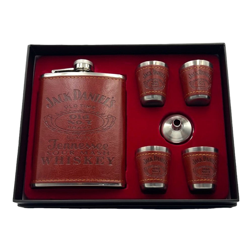 Jack Daniels Hip Flask and Shot Glass Gift Set Leather (8oz)