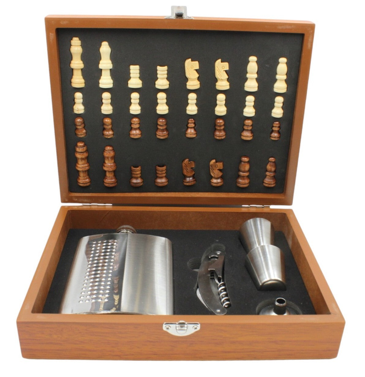 Wood Chess Set with Hip Flask, Shot Glasses, and Bottle Opener (8oz)