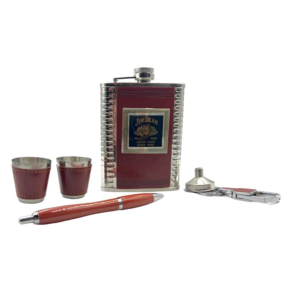 Jim Bean Hip Flask, Shot Glass, Opener and Pen Gift Set (8oz)