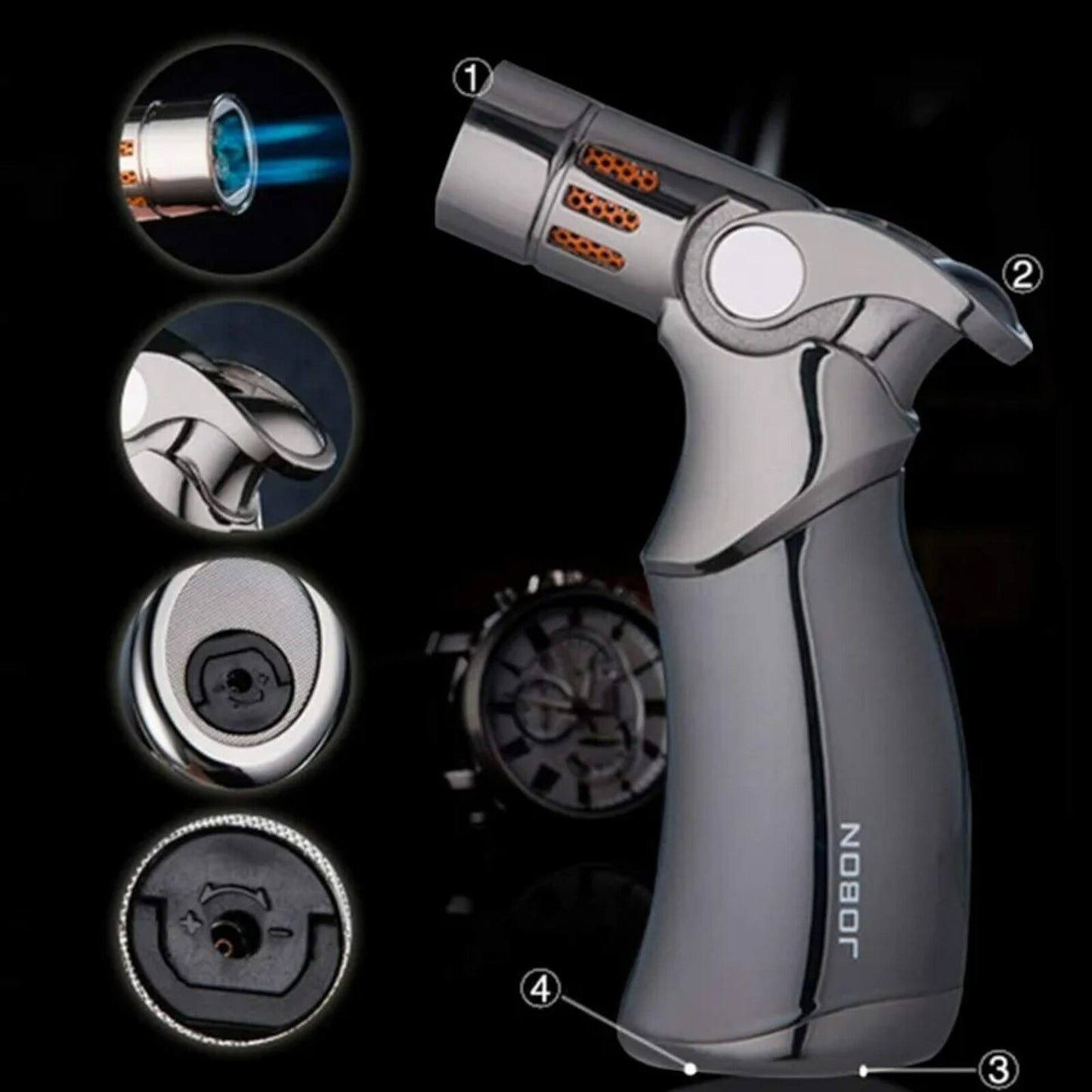 Jobon 4 Flame Jet Windproof Refillable Lighter powerful Blow torch gift bx