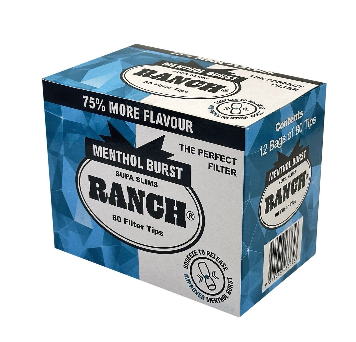 12 Packs Ranch Menthol Burst Supa Slim Blue Filters (960 Tips)