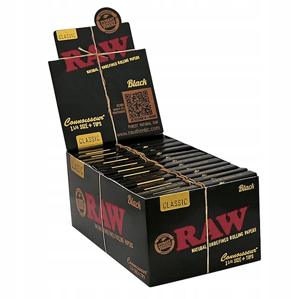 Box of 24 RAW Black 1 1/4 Extra Fine Natural Papers + Tips