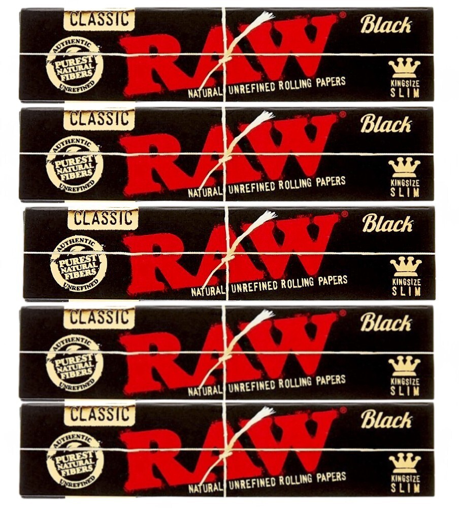 5 Packs RAW Black King Size Slim Classic Hemp Unrefined Papers