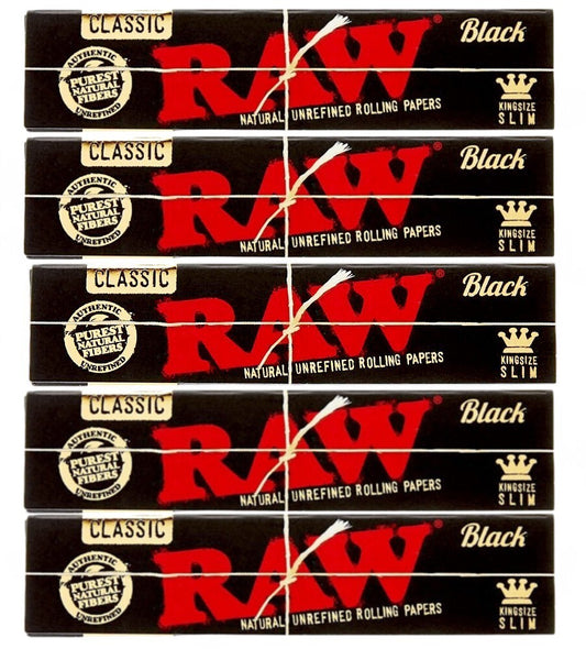 5 Packs RAW Black King Size Slim Classic Hemp Unrefined Papers