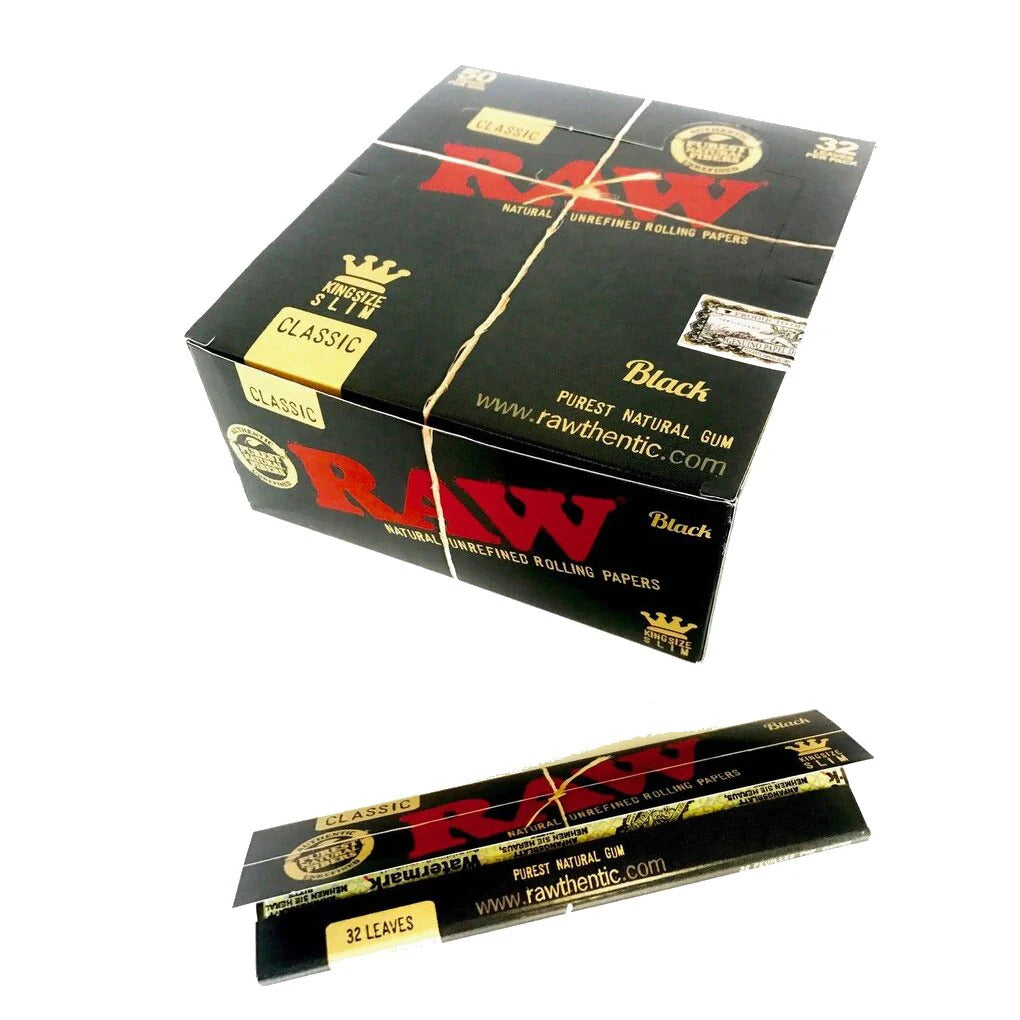 Box of 50 RAW Black King Size Slim Classic Hemp Unrefined Papers