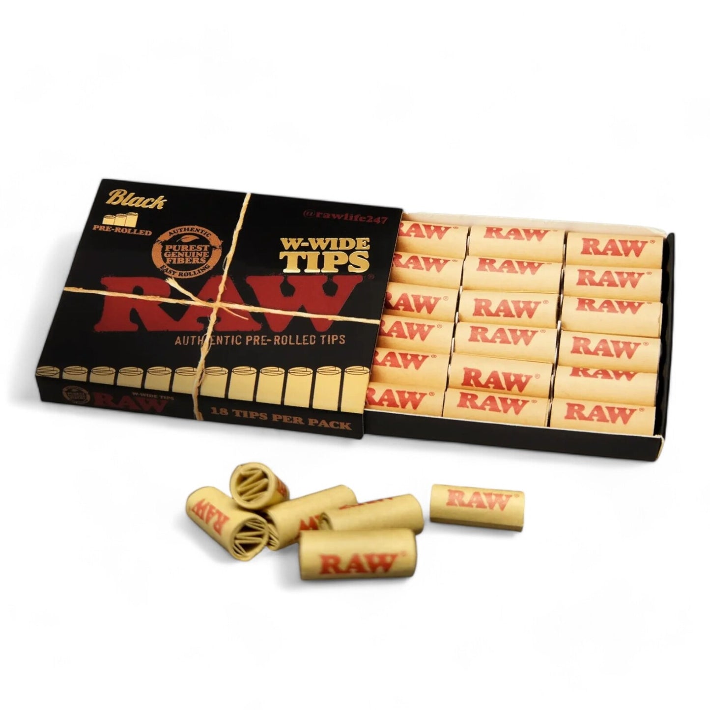 RAW Black W-Wide Pre Rolled Tips Easy Rolling Smoking 18 Tip Pack