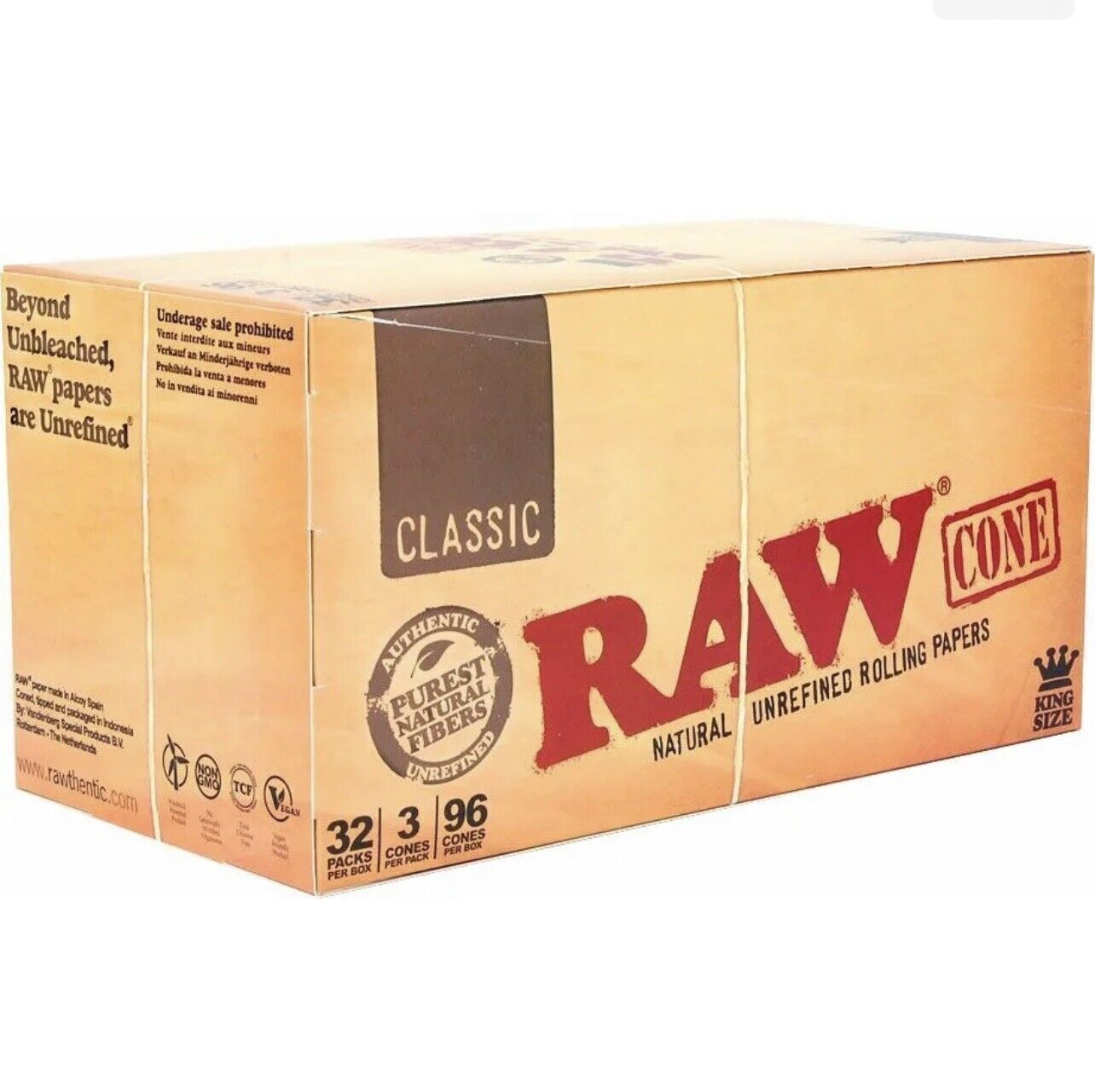 RAW Cones Classic King Size 32 Pack Per Box 3 Cone Per Pack Total 96 Cones