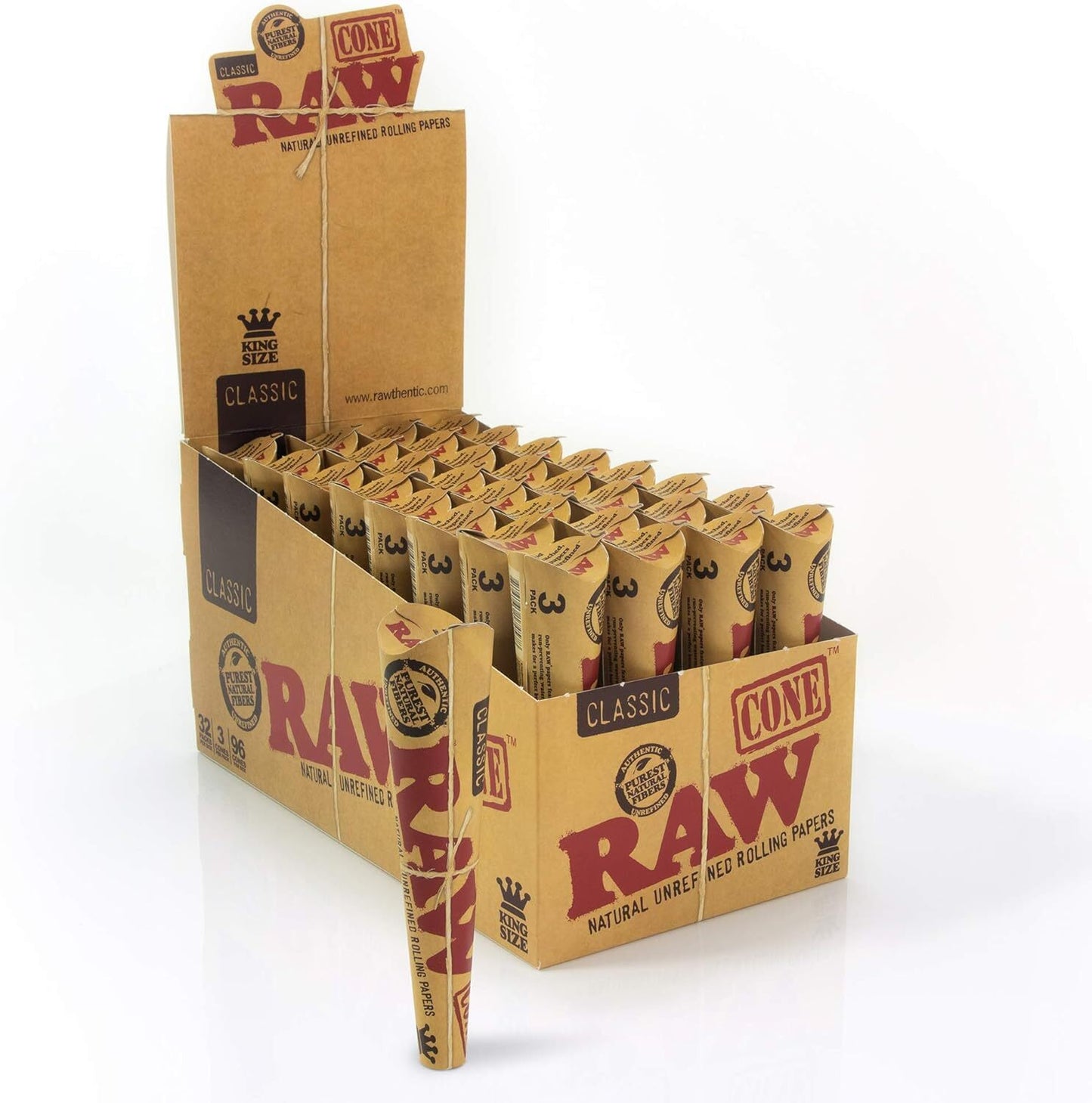 RAW Cones Classic King Size 32 Pack Per Box 3 Cone Per Pack Total 96 Cones