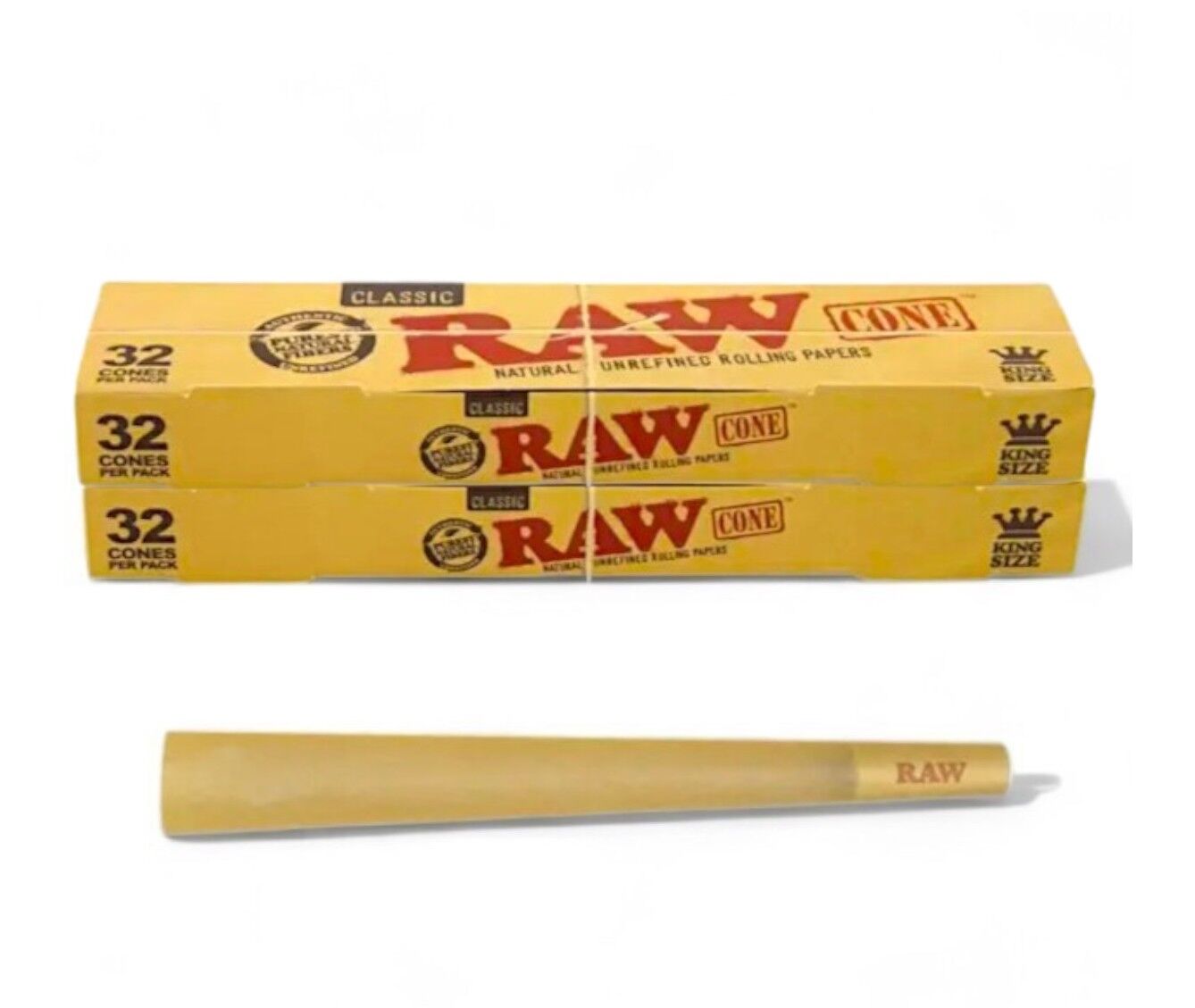 2 x Raw Classic Natural Unrefined King Size Cones Pre Rolled Paper 32 Pack 64 Cones