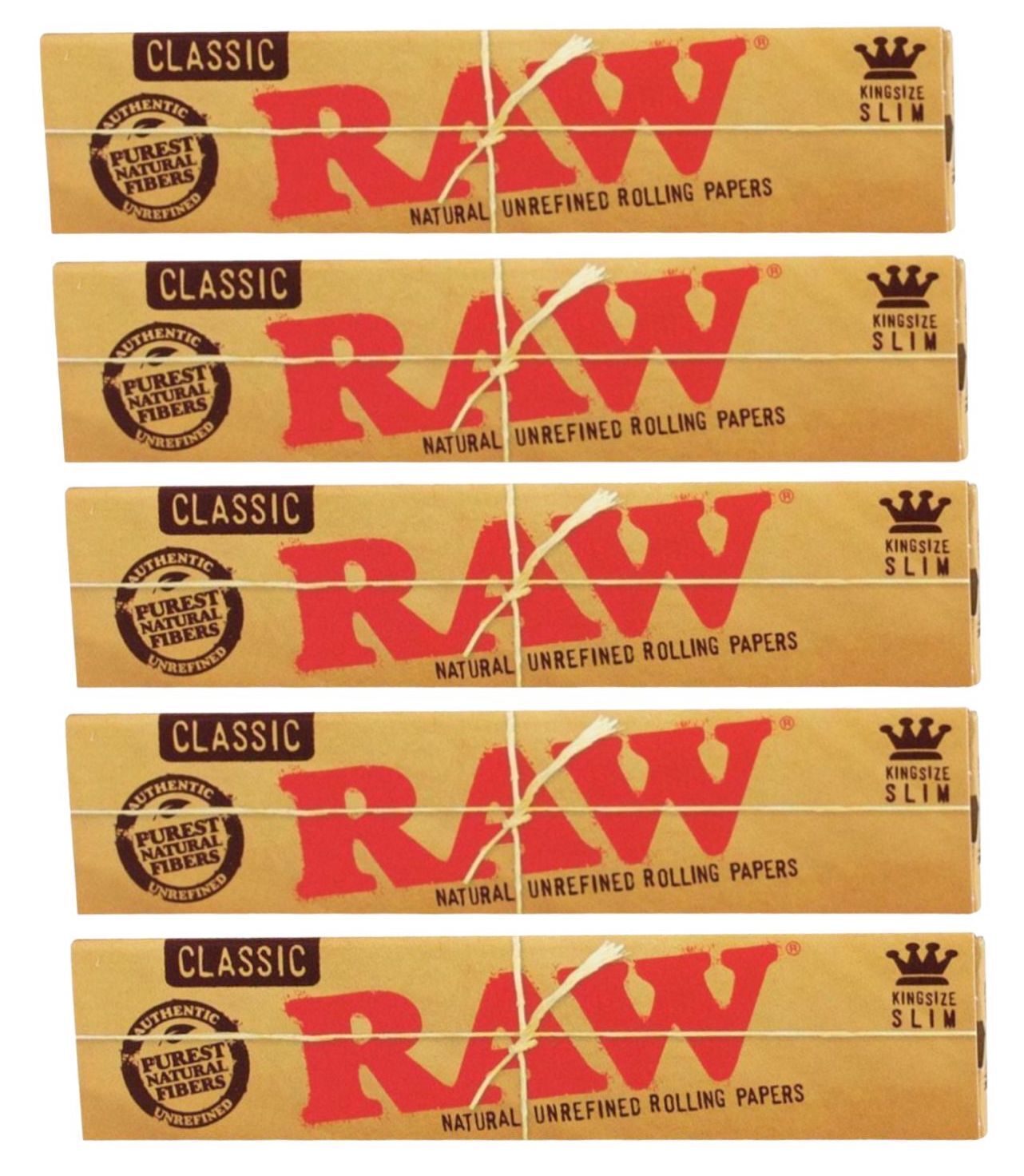 5 Packs RAW King Size Slim Classic Natural Papers