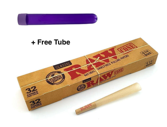 RAW Classic 1 1/4 Pre Rolled Paper Cones (32 Pack) + Free Tube